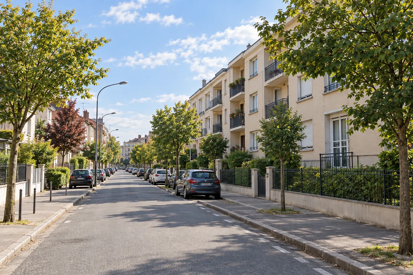 Avenue résidentielle arborée de Noisy-le-Sec bordée d'immeubles d'après-guerre et de pavillons